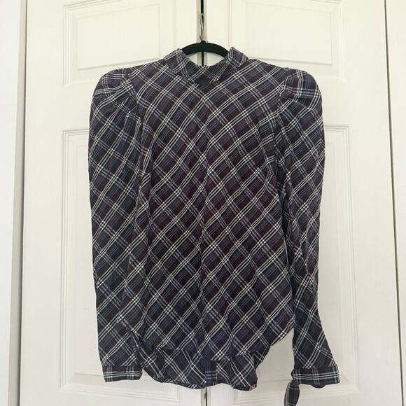 Veronica Beard Isabel Reversed Plaid Blouse Wine Puff Sleeve Blouse Size 0 - Picture 6 of 12